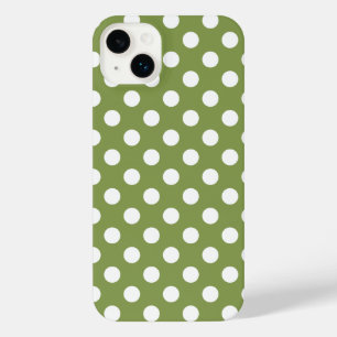 White polka dots on olive green iPhone 14 plus case