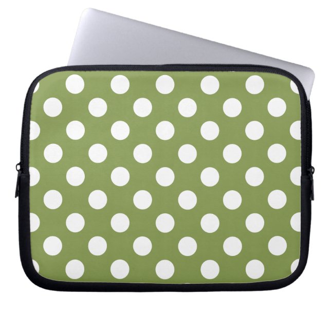 White polka dots on olive green laptop sleeve (Front)