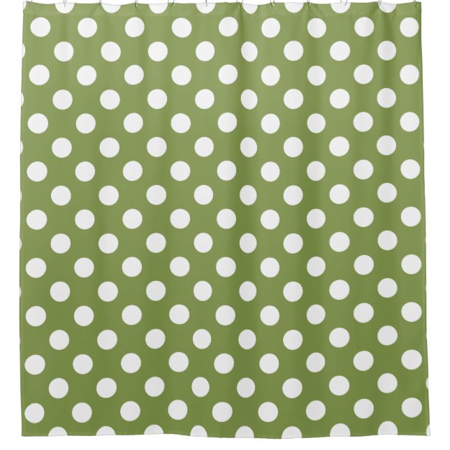 White polka dots on olive green shower curtain (Front)