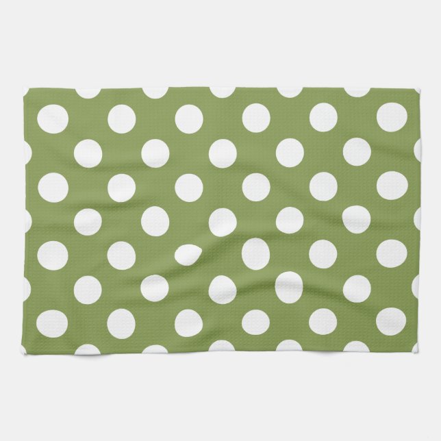 White polka dots on olive green tea towel (Horizontal)