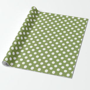 White polka dots on olive green wrapping paper
