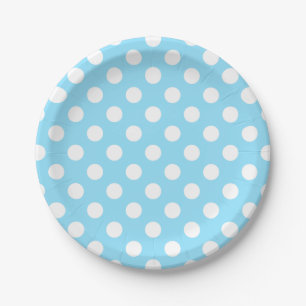 White polka dots on pale blue paper plate