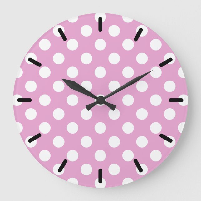 White polka dots on pale pink large clock (Front)