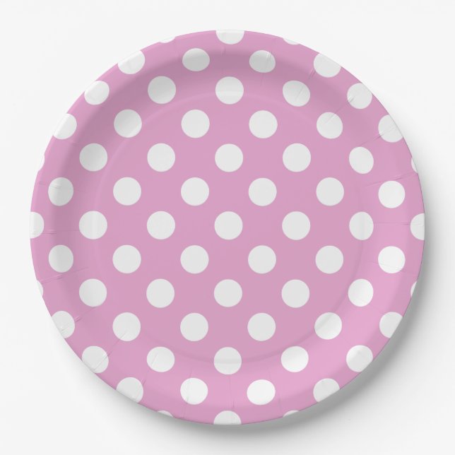 White polka dots on pale pink paper plate (Front)