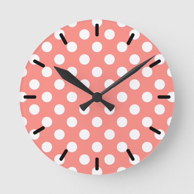 White polka dots on peach round clock (Front)