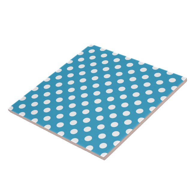 White Polka Dots on Peacock Blue Background Ceramic Tile (Side)