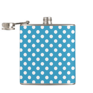 White Polka Dots on Peacock Blue Background Hip Flask