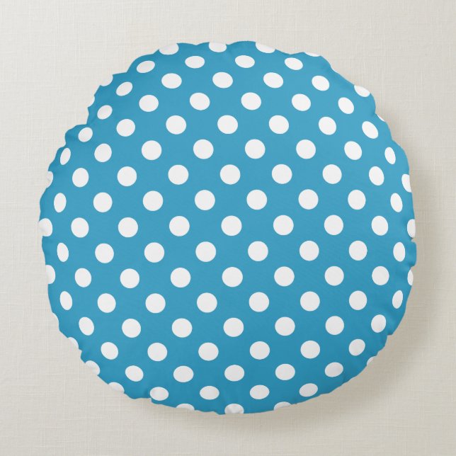 White Polka Dots on Peacock Blue Background Round Cushion (Front)