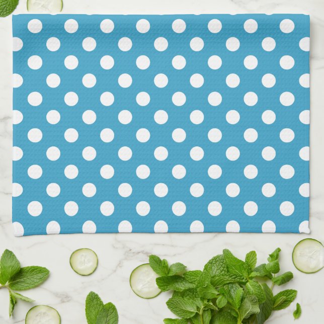 White Polka Dots on Peacock Blue Background Tea Towel (Folded)