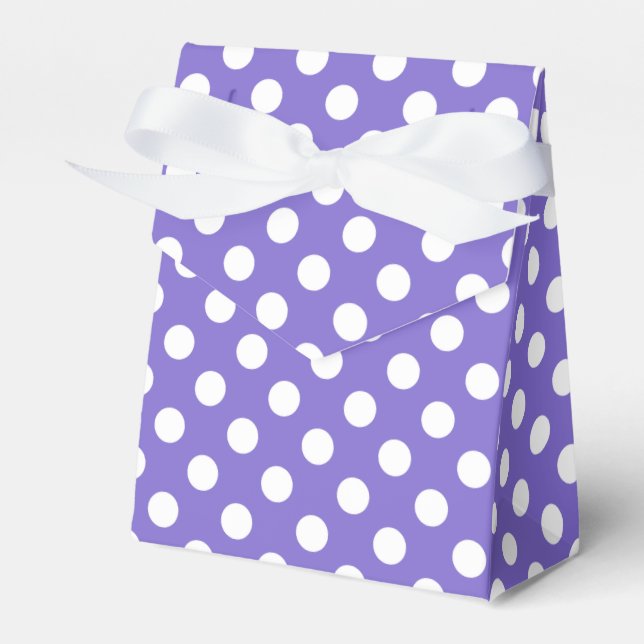 White polka dots on periwinkle favour box (Front Side)