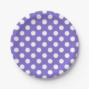 White polka dots on periwinkle paper plate