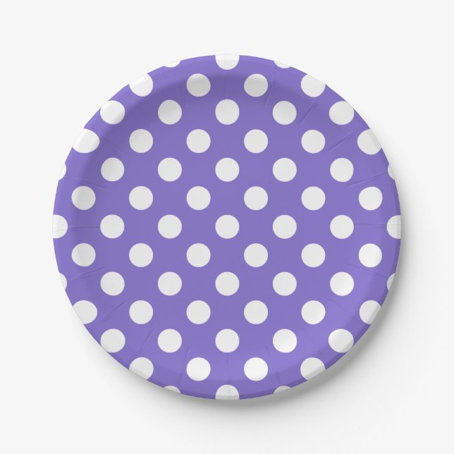 White polka dots on periwinkle paper plate (Front)