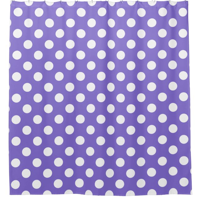 White polka dots on periwinkle shower curtain (Front)