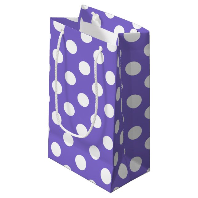 White polka dots on periwinkle small gift bag (Front Angled)