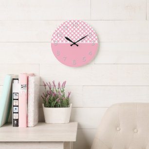 White Polka Dots On Pink Large Clock