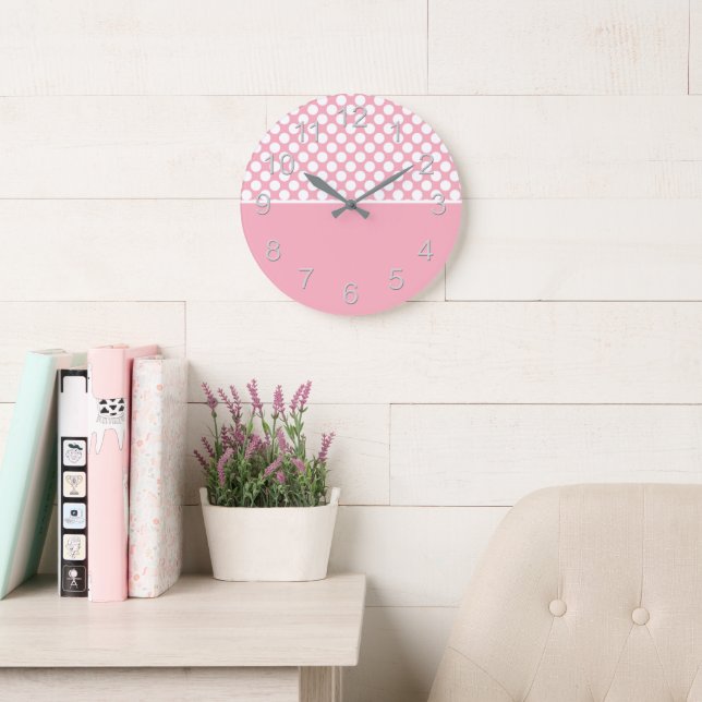 White Polka Dots On Pink Large Clock (Reading Room)