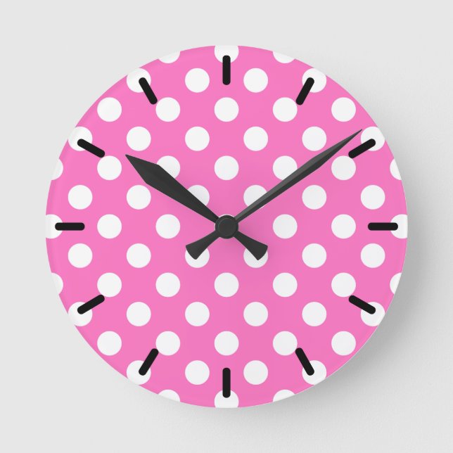 White polka dots on pink round clock (Front)