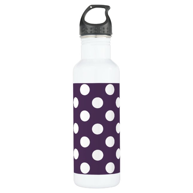 White polka dots on plum purple 710 ml water bottle (Front)