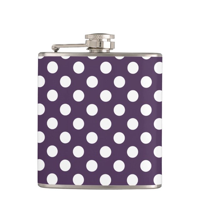 White polka dots on plum purple hip flask (Front)