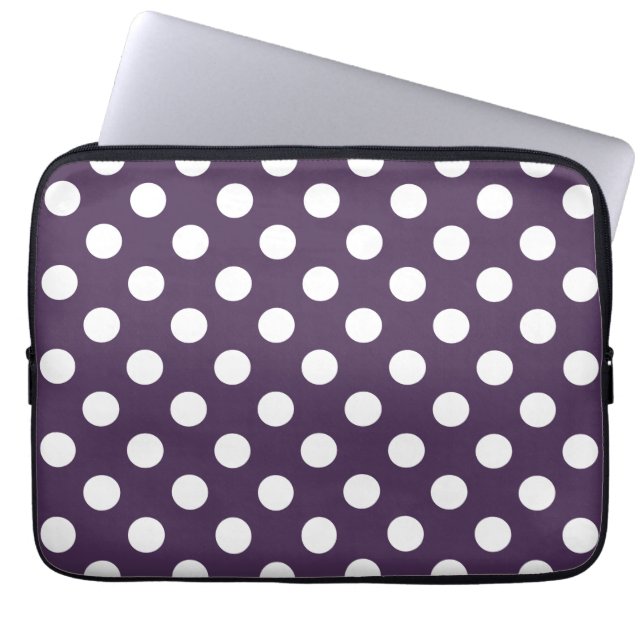 White polka dots on plum purple laptop sleeve (Front)