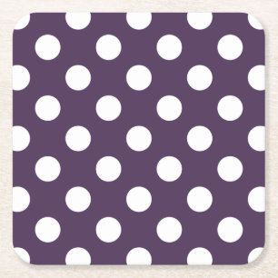White polka dots on plum purple square paper coaster