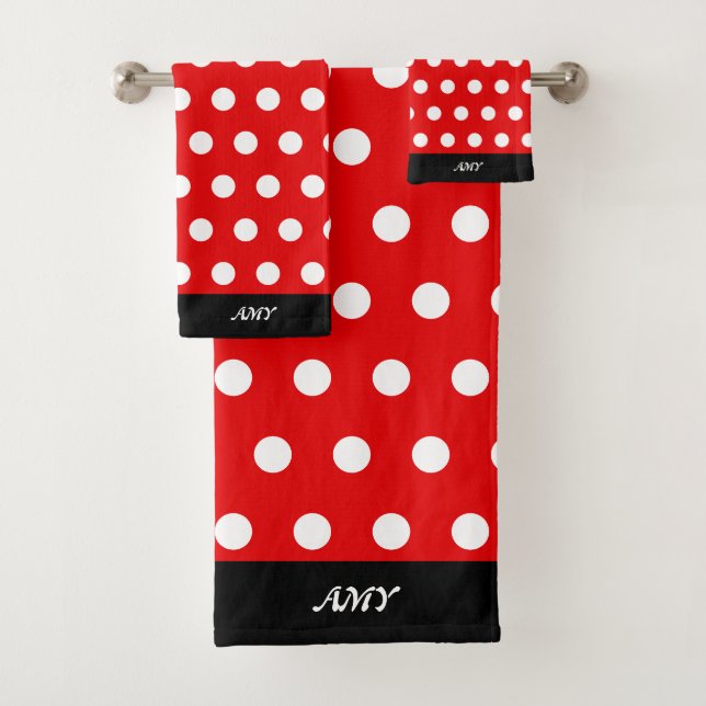 White Polka Dots on Red and Black Bath Towel Set (Insitu)
