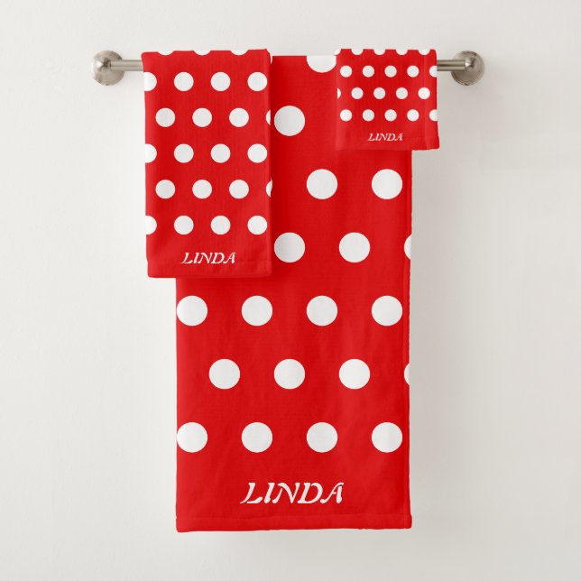White Polka Dots on Red Bath Towel Set (Insitu)
