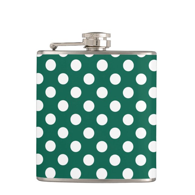 White polka dots on sage green hip flask (Front)