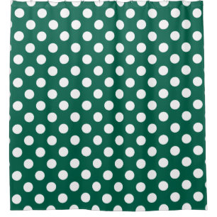 White polka dots on sage green shower curtain