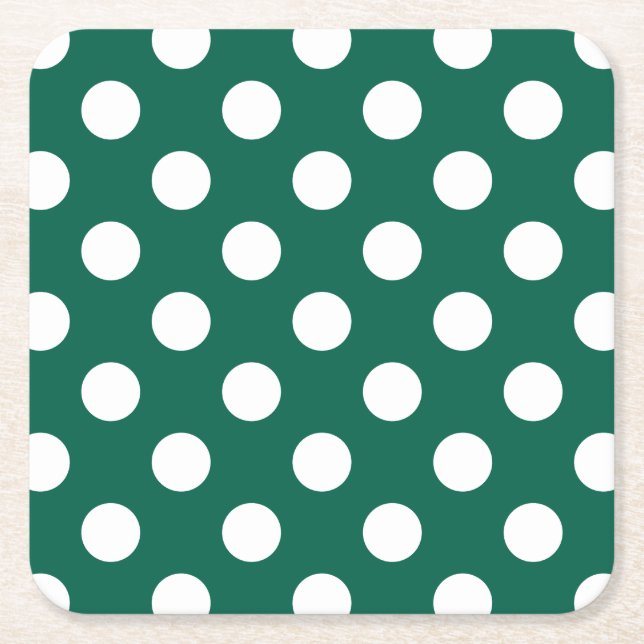 White polka dots on sage green square paper coaster (Front)