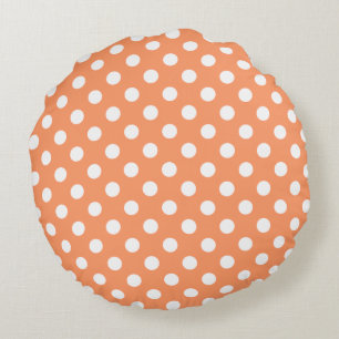 White Polka Dots on Tangerine Orange Round Cushion