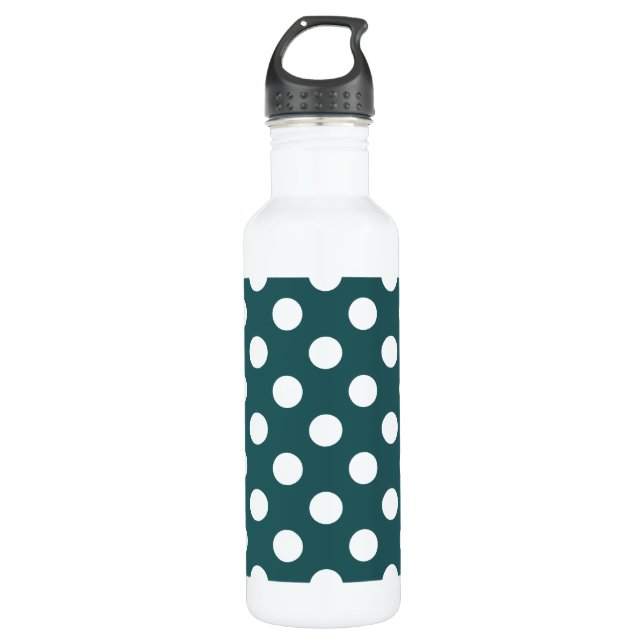 White polka dots on teal 710 ml water bottle (Front)