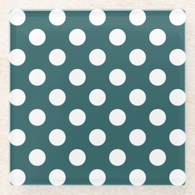 White polka dots on teal glass coaster (Front)