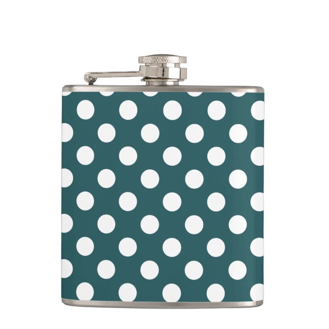 White polka dots on teal hip flask (Front)