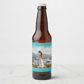 White Polka Dots on Teal – Personalised Wedding Beer Bottle Label