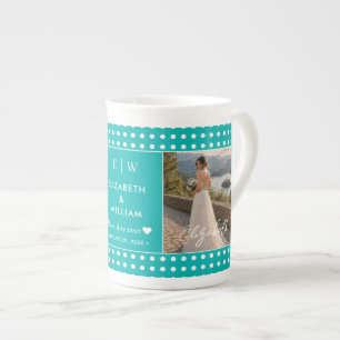 White Polka Dots on Teal – Personalised Wedding Bone China Mug