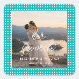 White Polka Dots on Teal – Personalised Wedding Square Sticker