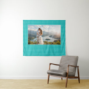 White Polka Dots on Teal – Personalised Wedding Tapestry