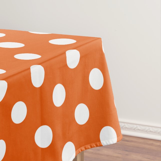 White Polka Dots on Wild Tangerine Tablecloth (In Situ)