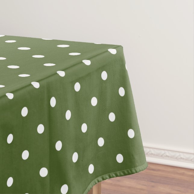 White Polka Dots Pattern On Olive Green Background Tablecloth (In Situ)