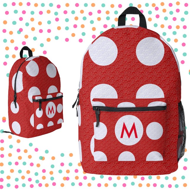 White Polka Dots Red Monogram on Red Fractal Printed Backpack (Creator Uploaded)
