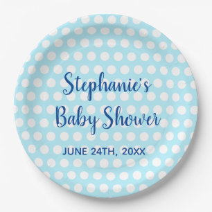 White Polka Dots Teal Blue Girl Boy Baby Shower Paper Plate