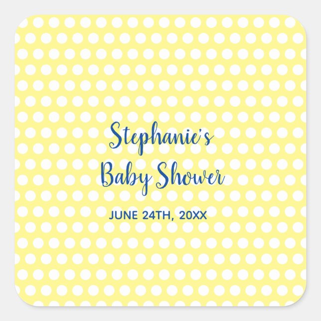 White Polka Dots Yellow Blue Girl Boy Baby Shower Square Sticker (Front)