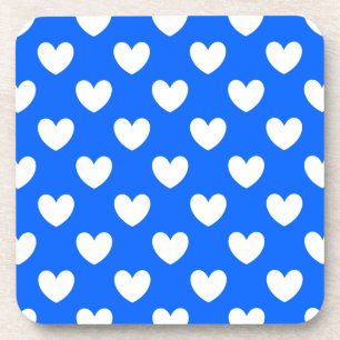 White polka hearts on blue coaster