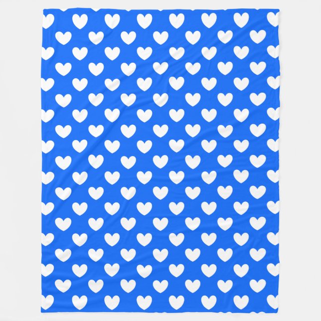 White polka hearts on blue fleece blanket (Front)