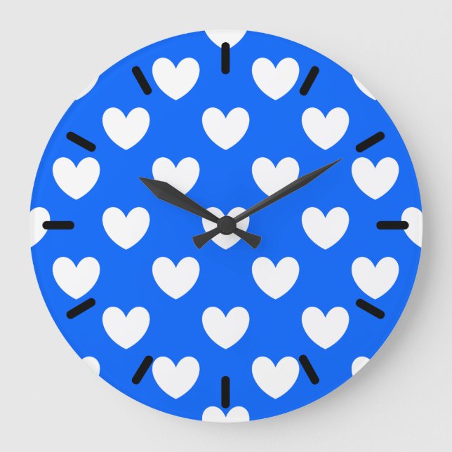 White polka hearts on blue large clock (Front)