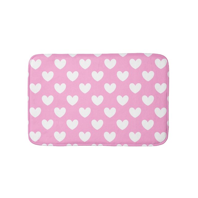 White polka hearts on Cotton Candy Pink Bath Mat (Front)