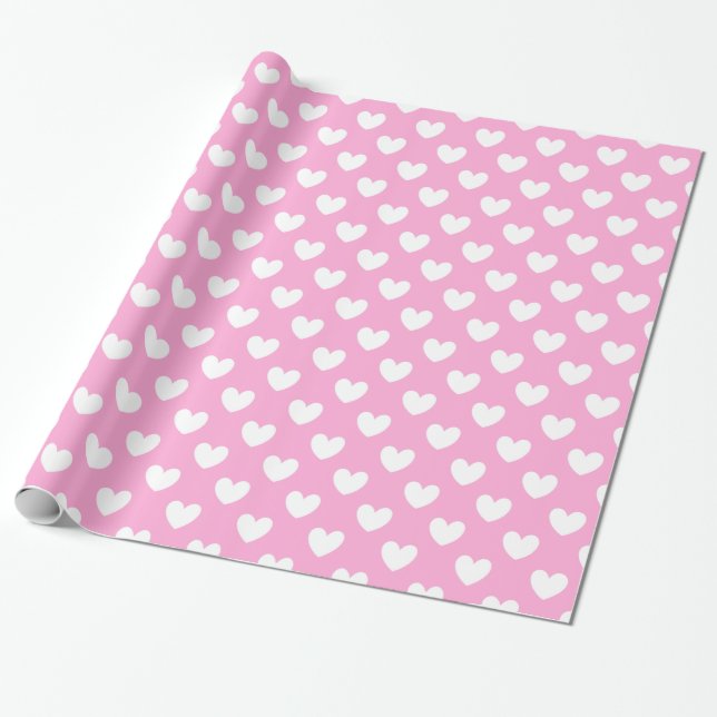 White polka hearts on Cotton Candy Pink Wrapping Paper (Unrolled)