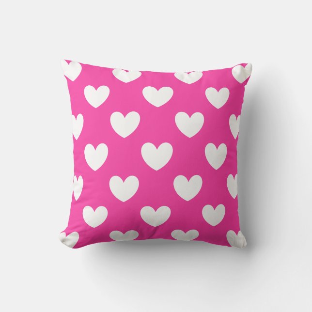 White polka hearts on fuchsia pink cushion (Front)