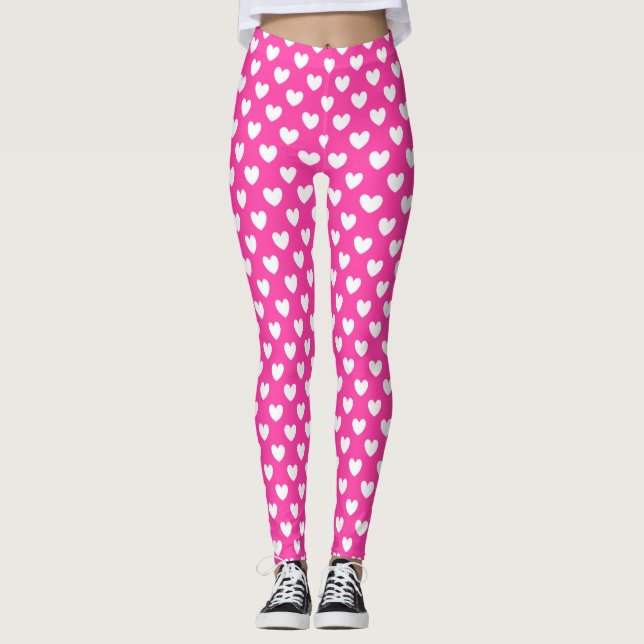 White polka hearts on fuchsia pink leggings (Front)
